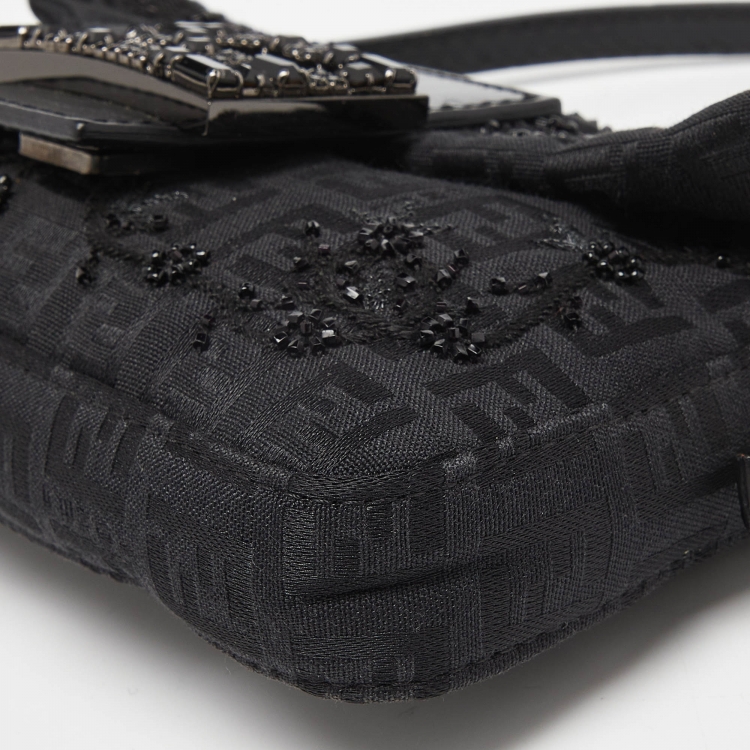 Pre Owned Fendi Black Zucchino Canvas and Leather Beads Embellished Baguette Bag