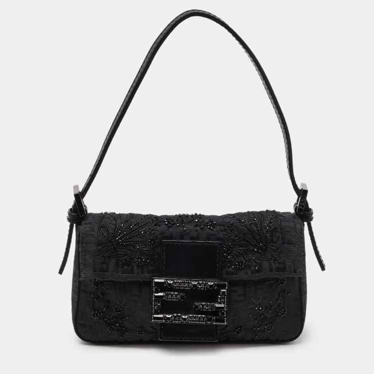 Pre Owned Fendi Black Zucchino Canvas and Leather Beads Embellished Baguette Bag