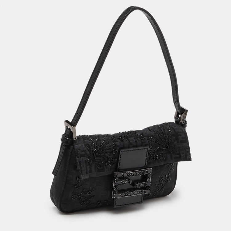 Pre Owned Fendi Black Zucchino Canvas and Leather Beads Embellished Baguette Bag
