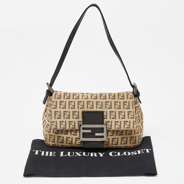 Pre Owned Fendi Beige/Brown Zucchino Fabric and Leather Mini Baguette Bag