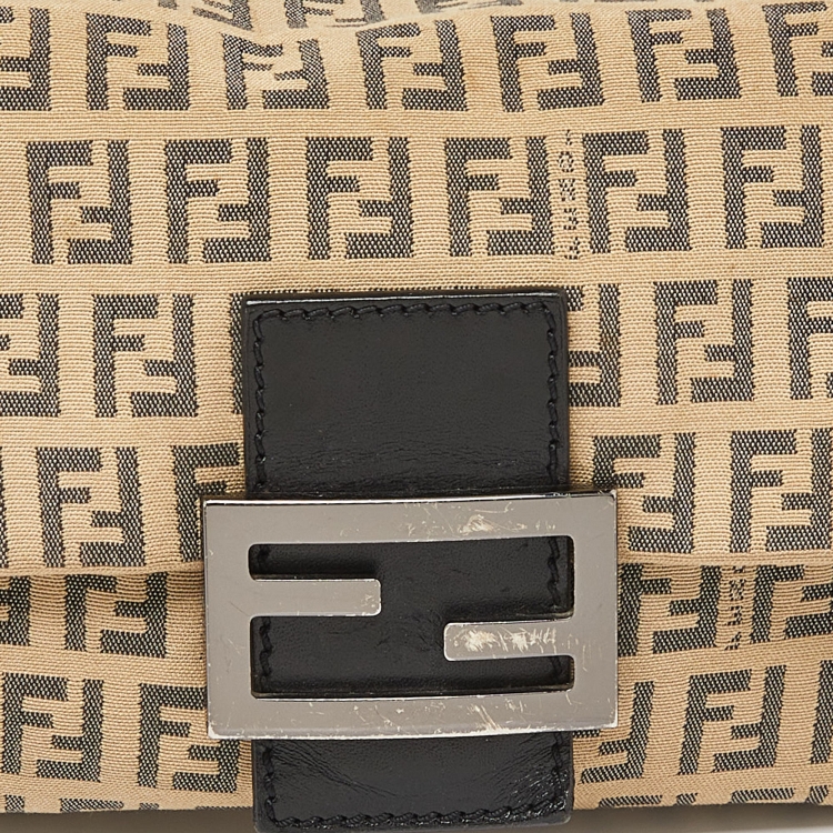 Pre Owned Fendi Beige/Brown Zucchino Fabric and Leather Mini Baguette Bag