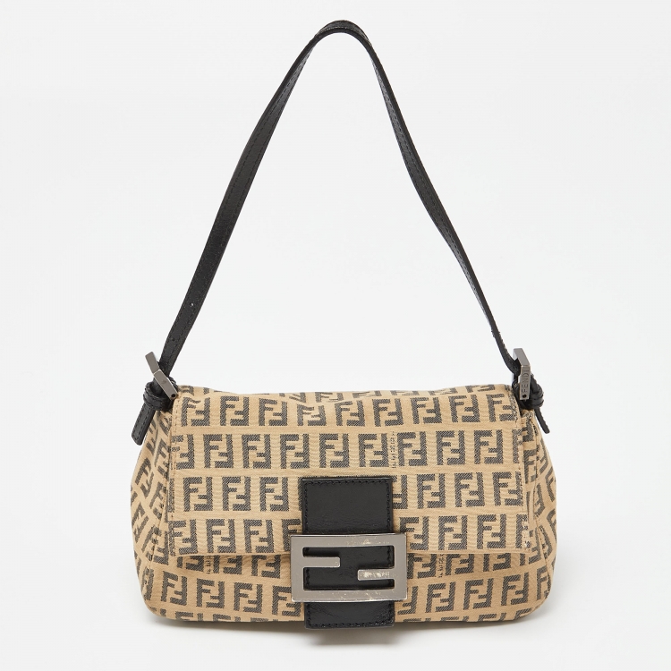 Pre Owned Fendi Beige/Brown Zucchino Fabric and Leather Mini Baguette Bag