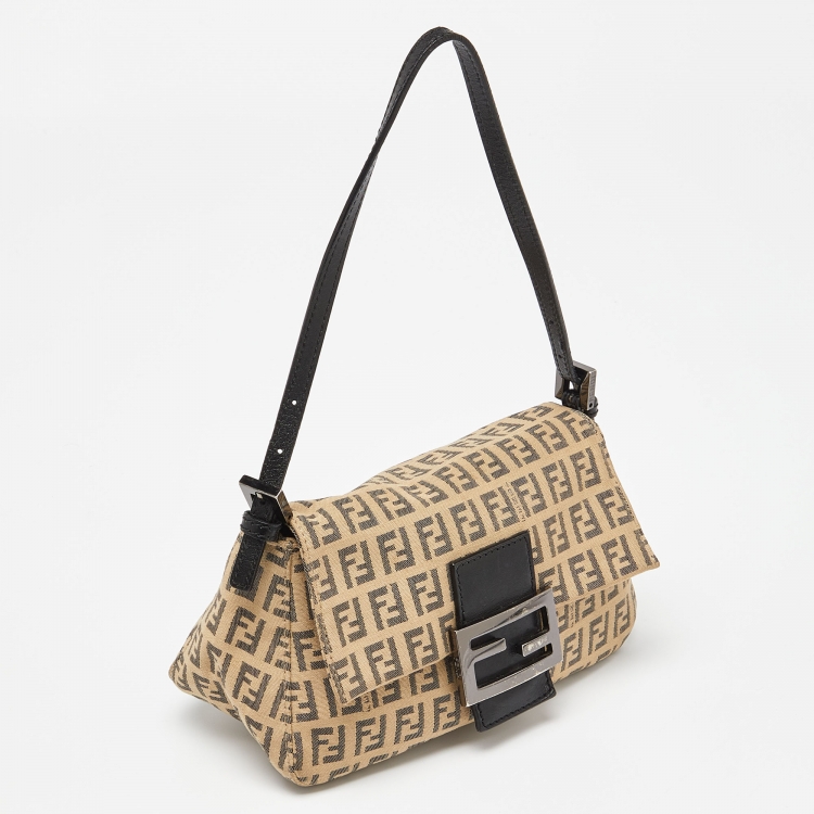 Pre Owned Fendi Beige/Brown Zucchino Fabric and Leather Mini Baguette Bag