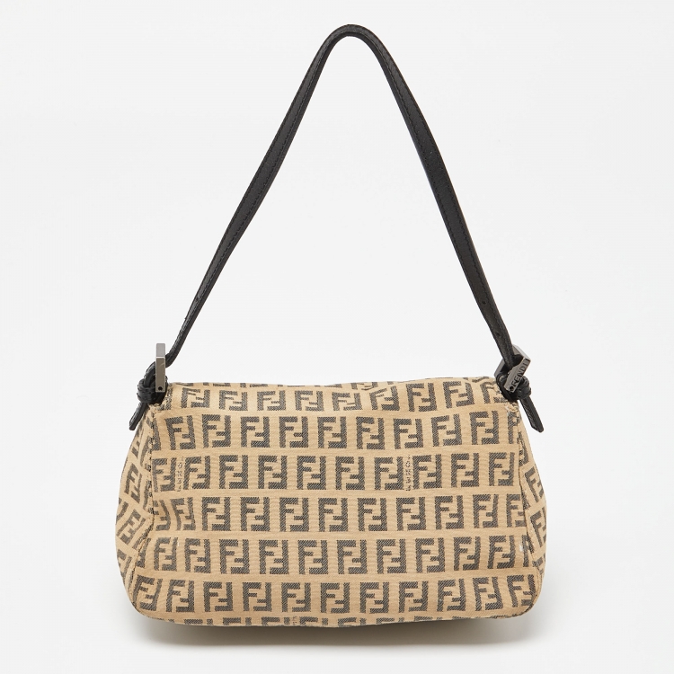 Pre Owned Fendi Beige/Brown Zucchino Fabric and Leather Mini Baguette Bag