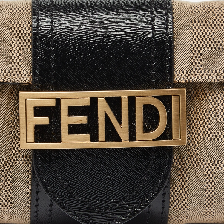 Pre Owned Fendi Beige/Black Canvas and Leather Baguette Bag