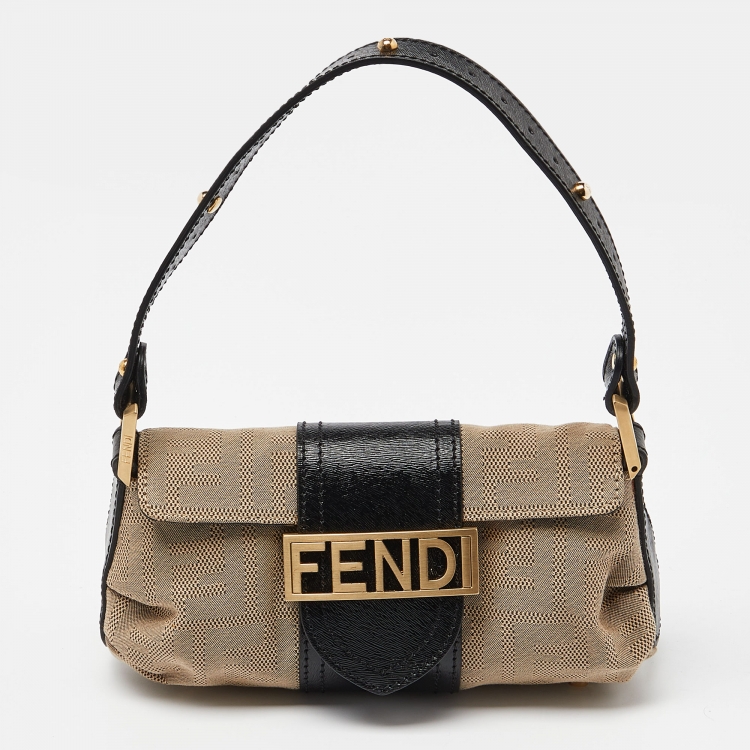 Pre Owned Fendi Beige/Black Canvas and Leather Baguette Bag