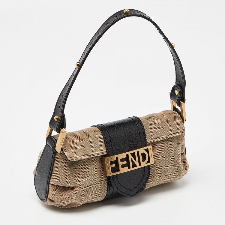 Pre Owned Fendi Beige/Black Canvas and Leather Baguette Bag