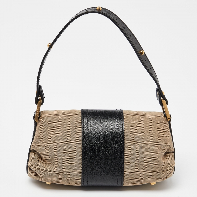 Pre Owned Fendi Beige/Black Canvas and Leather Baguette Bag