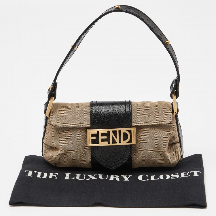 Pre Owned Fendi Beige/Black Canvas and Leather Baguette Bag