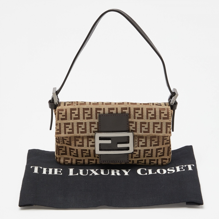 Pre Owned Fendi Fatigue Beige/Brown Zucchino Canvas and Leather Baguette Bag