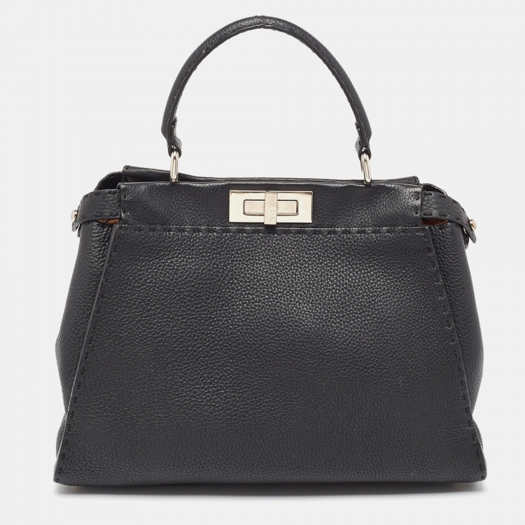 Pre Owned Fendi Black Selleria Leather Medium Iconic Peekaboo Top Handle Bag