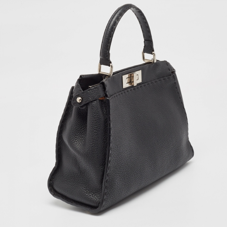 Pre Owned Fendi Black Selleria Leather Medium Iconic Peekaboo Top Handle Bag