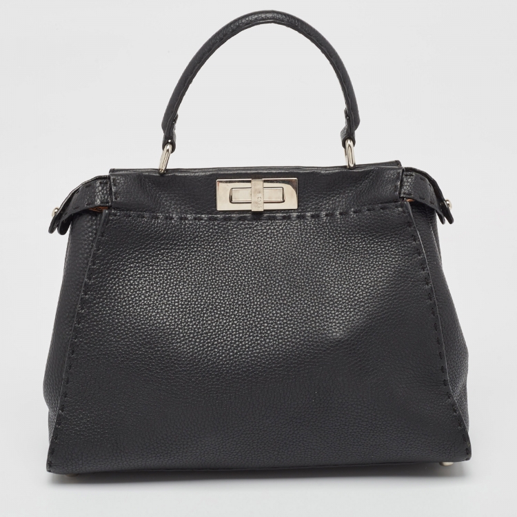 Pre Owned Fendi Black Selleria Leather Medium Iconic Peekaboo Top Handle Bag