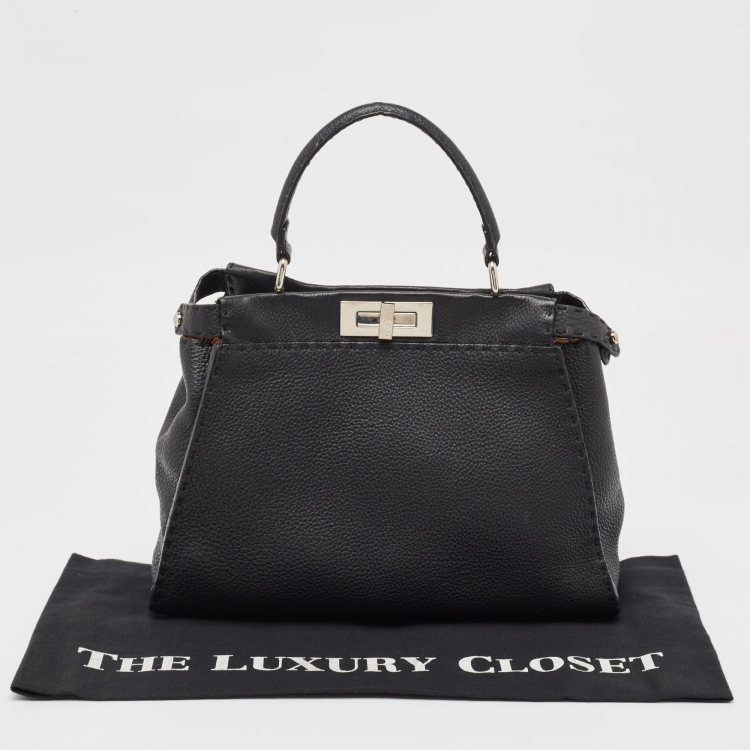 Pre Owned Fendi Black Selleria Leather Medium Iconic Peekaboo Top Handle Bag