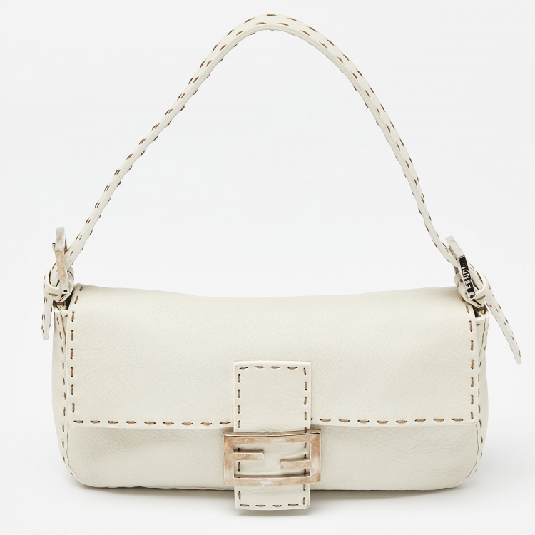 Pre Owned Fendi White Selleria Leather Flap Baguette Bag