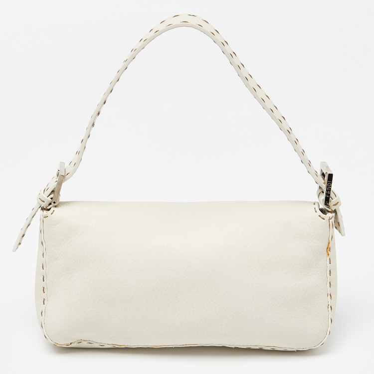 Pre Owned Fendi White Selleria Leather Flap Baguette Bag
