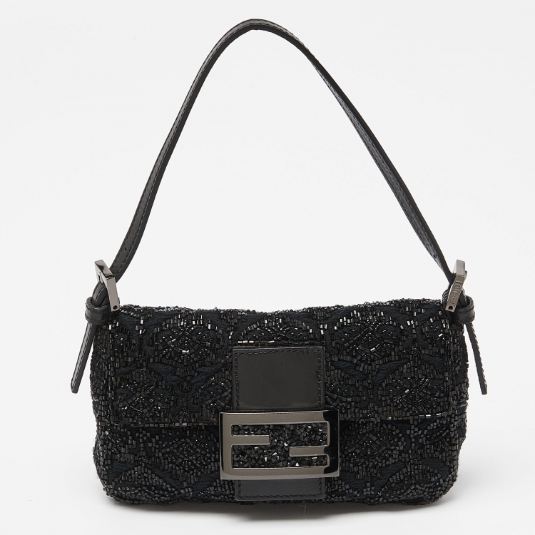 Pre Owned Fendi Black Zucca Canvas and Lizard Embossed Leather Beaded Baguette Bag