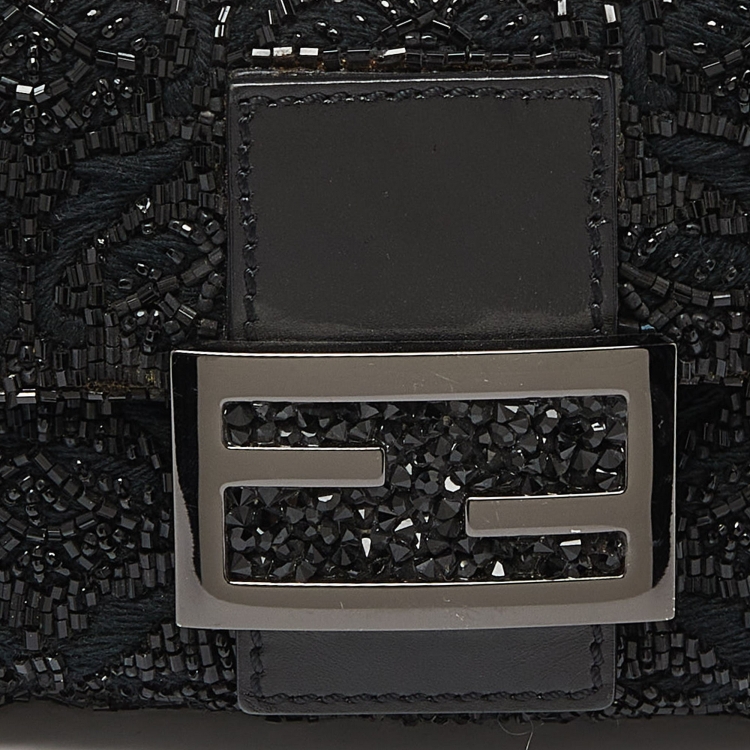 Pre Owned Fendi Black Zucca Canvas and Lizard Embossed Leather Beaded Baguette Bag
