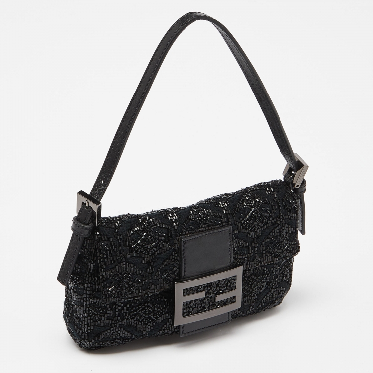 Pre Owned Fendi Black Zucca Canvas and Lizard Embossed Leather Beaded Baguette Bag