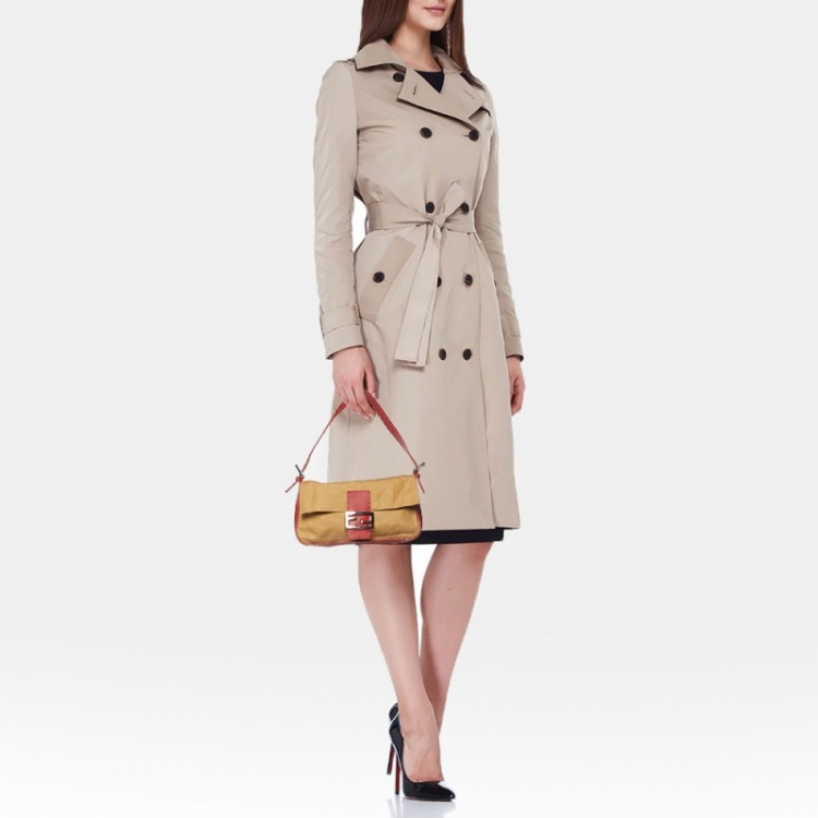 Pre Owned Fendi Beige/Red Canvas and Leather Flap Baguette Bag