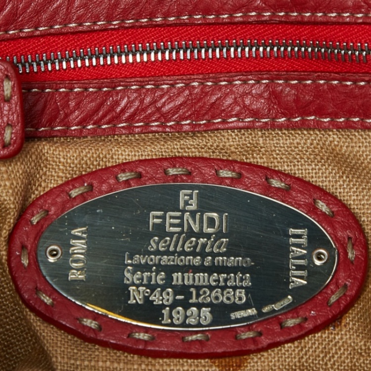 Pre Owned Fendi Beige/Red Canvas and Leather Flap Baguette Bag