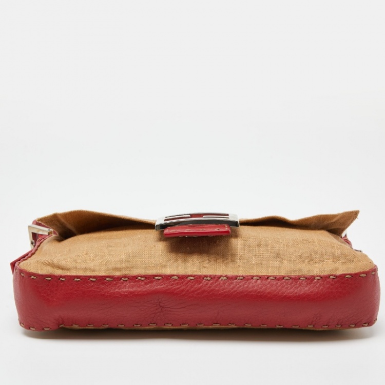 Pre Owned Fendi Beige/Red Canvas and Leather Flap Baguette Bag