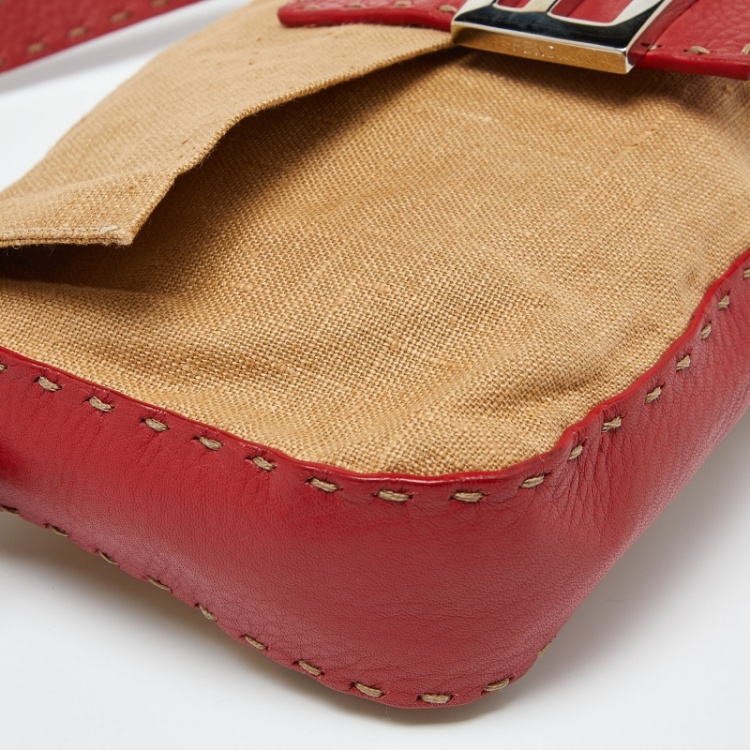Pre Owned Fendi Beige/Red Canvas and Leather Flap Baguette Bag