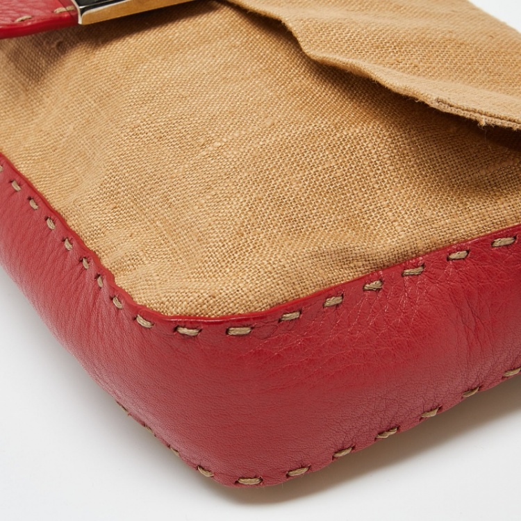 Pre Owned Fendi Beige/Red Canvas and Leather Flap Baguette Bag