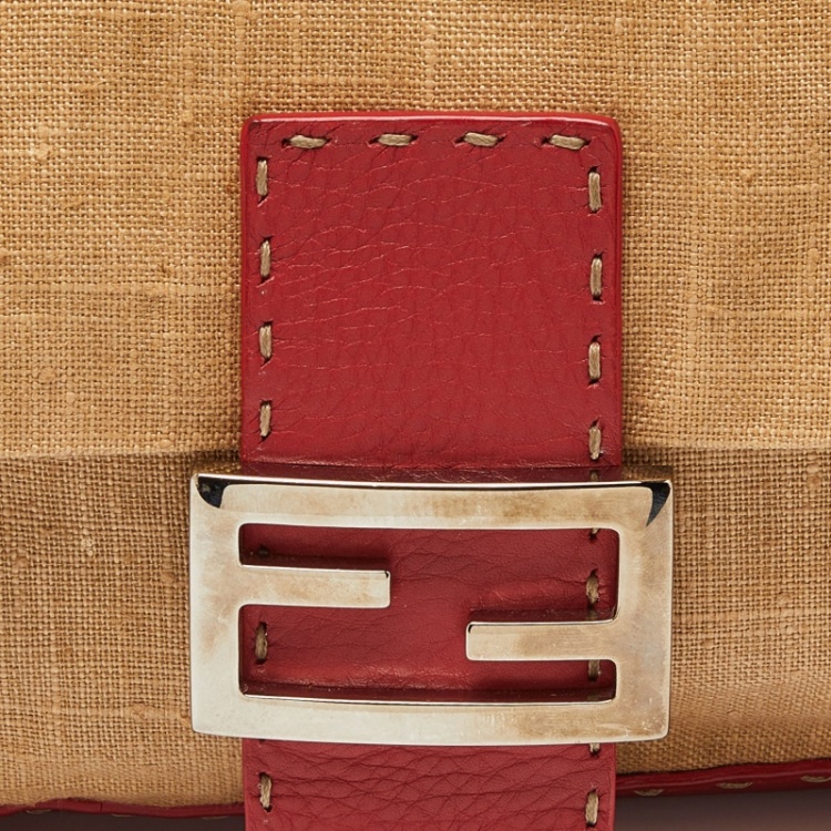 Pre Owned Fendi Beige/Red Canvas and Leather Flap Baguette Bag