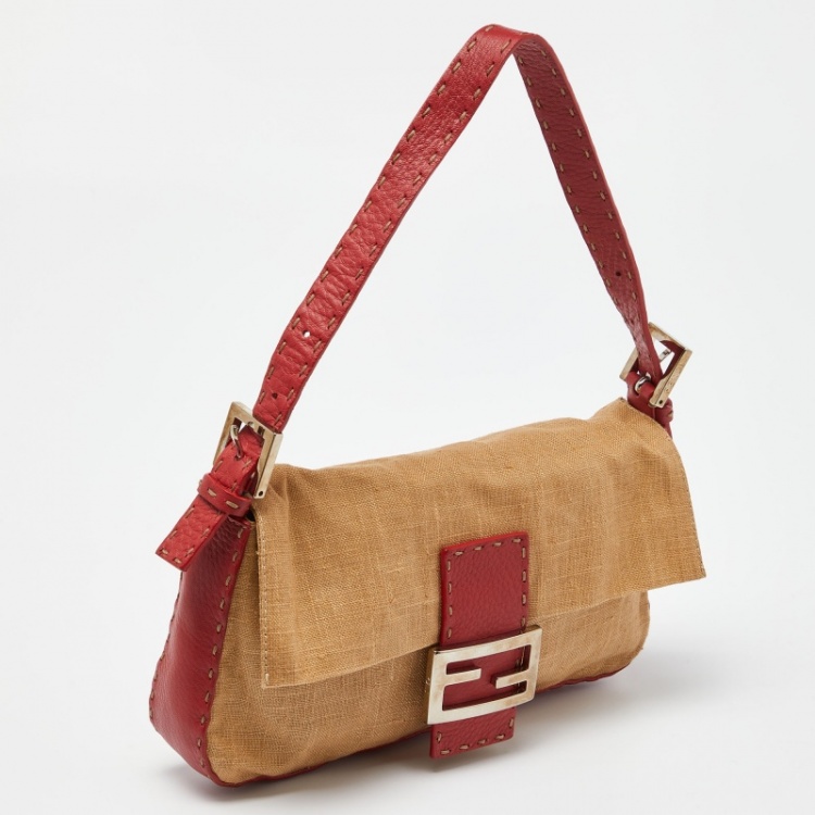 Pre Owned Fendi Beige/Red Canvas and Leather Flap Baguette Bag
