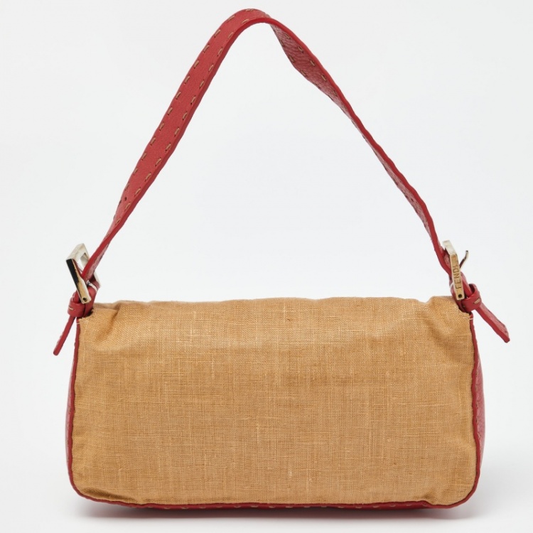Pre Owned Fendi Beige/Red Canvas and Leather Flap Baguette Bag