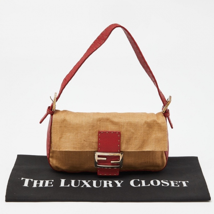Pre Owned Fendi Beige/Red Canvas and Leather Flap Baguette Bag