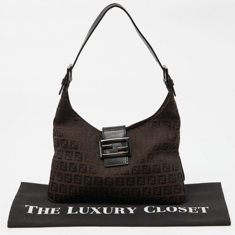 Pre Owned Fendi Tobacco Zucchino Fabric and Leather Baguette Flap Bag