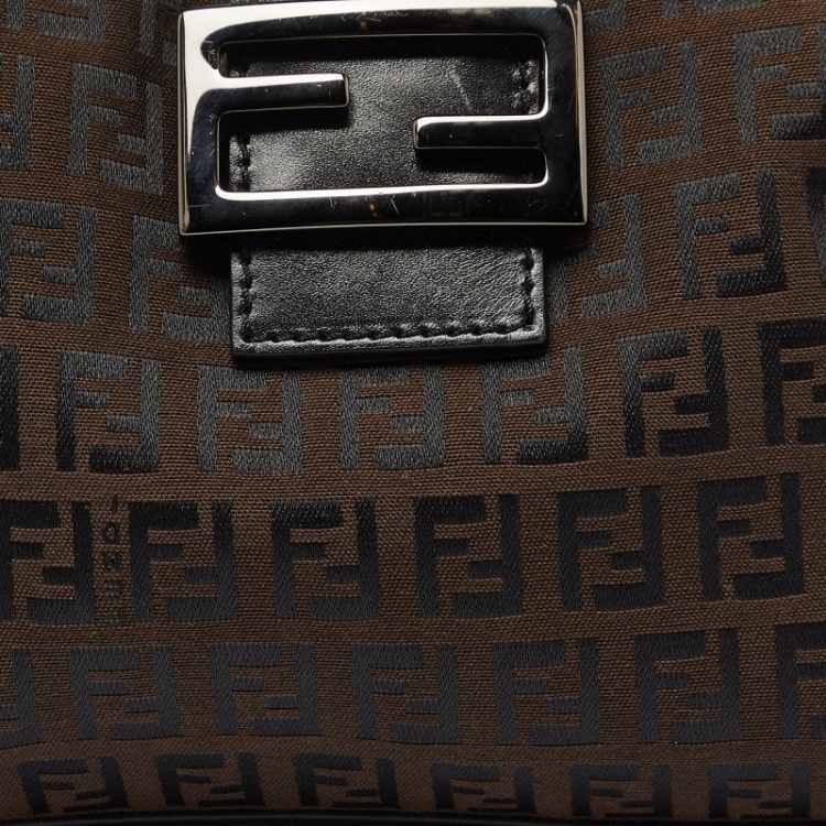 Pre Owned Fendi Tobacco Zucchino Fabric and Leather Baguette Flap Bag