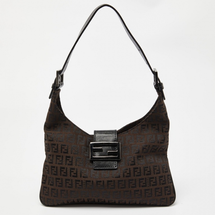 Pre Owned Fendi Tobacco Zucchino Fabric and Leather Baguette Flap Bag