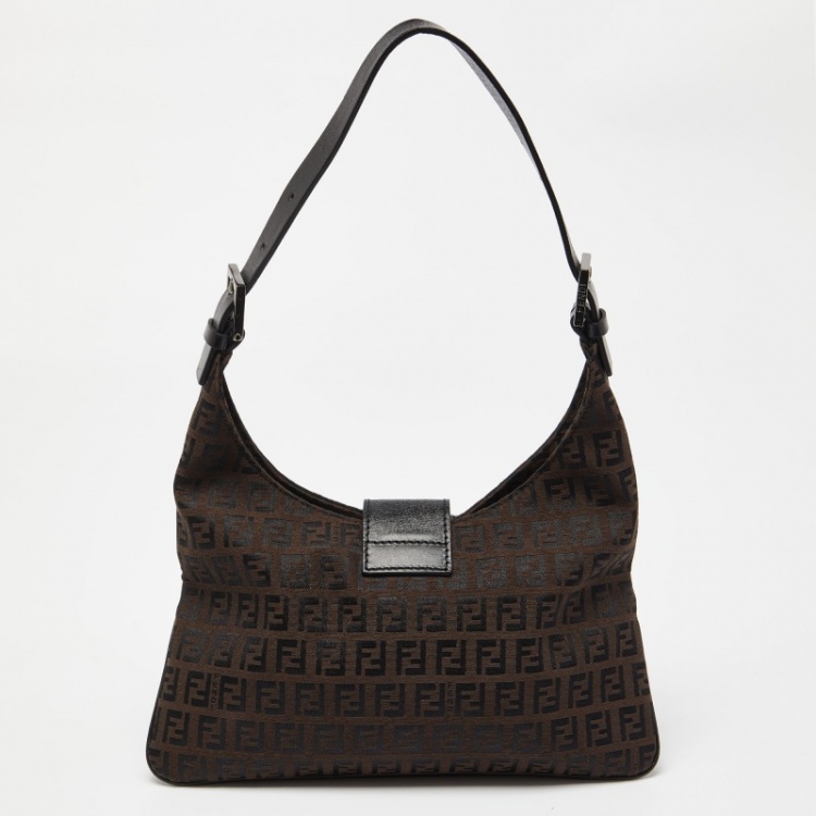 Pre Owned Fendi Tobacco Zucchino Fabric and Leather Baguette Flap Bag