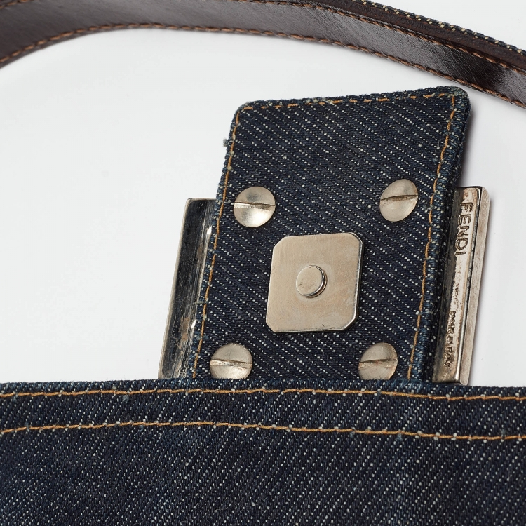 Pre Owned Fendi Navy Blue Denim Baguette Flap Bag