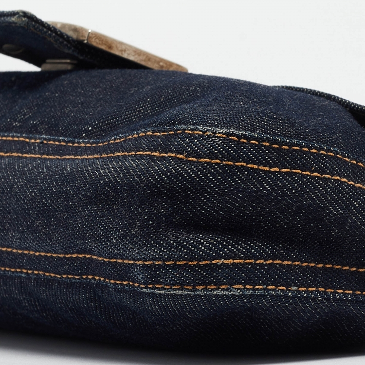 Pre Owned Fendi Navy Blue Denim Baguette Flap Bag