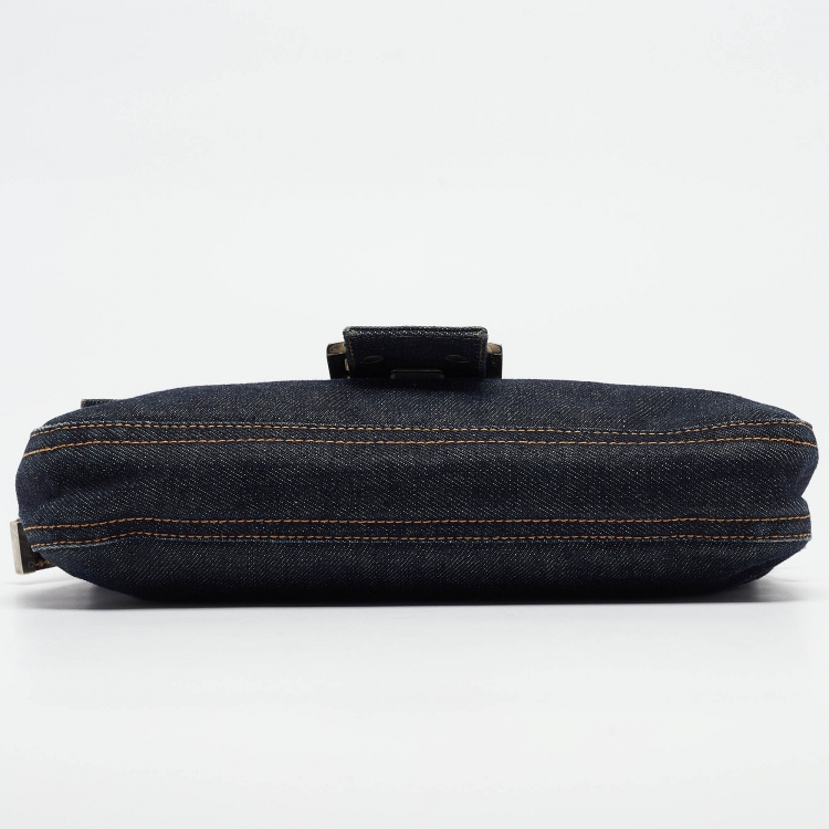 Pre Owned Fendi Navy Blue Denim Baguette Flap Bag