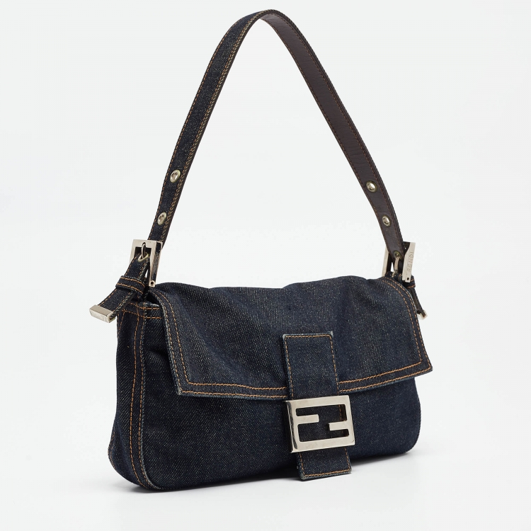 Pre Owned Fendi Navy Blue Denim Baguette Flap Bag