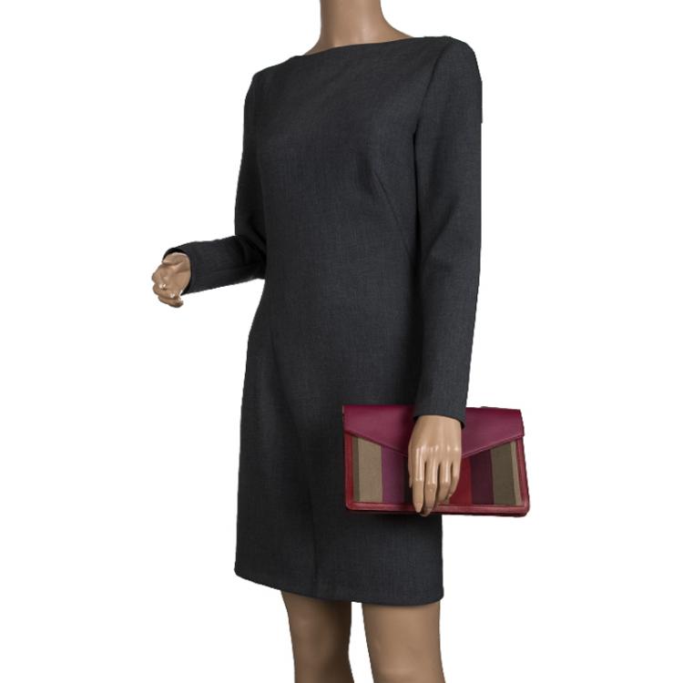 Pre Owned Fendi Magenta Leather and Pequin Canvas Envelope Clutch