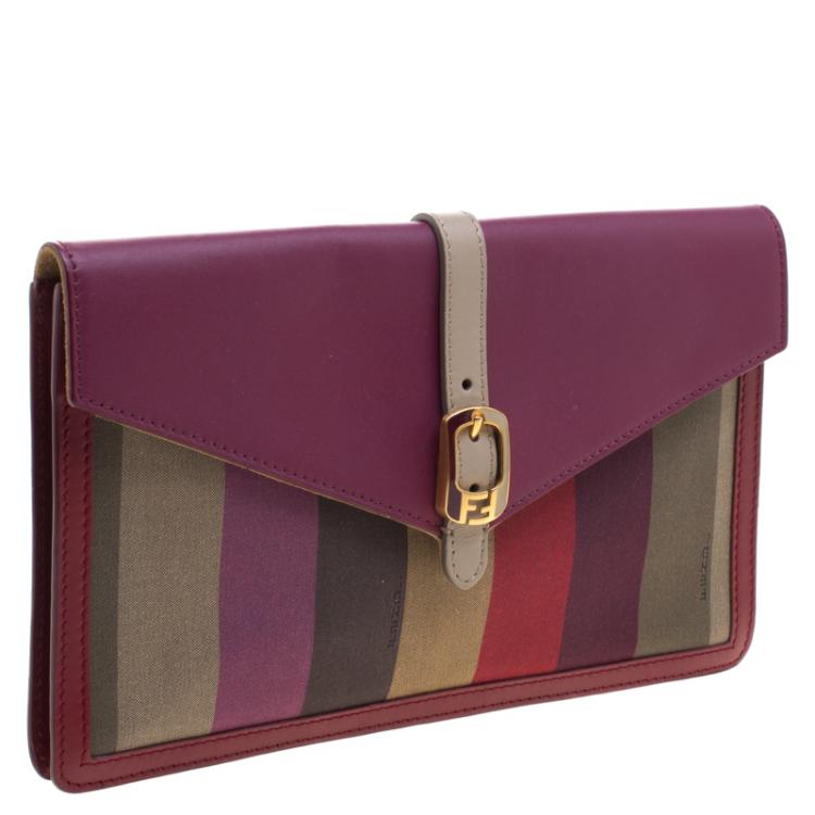 Pre Owned Fendi Magenta Leather and Pequin Canvas Envelope Clutch