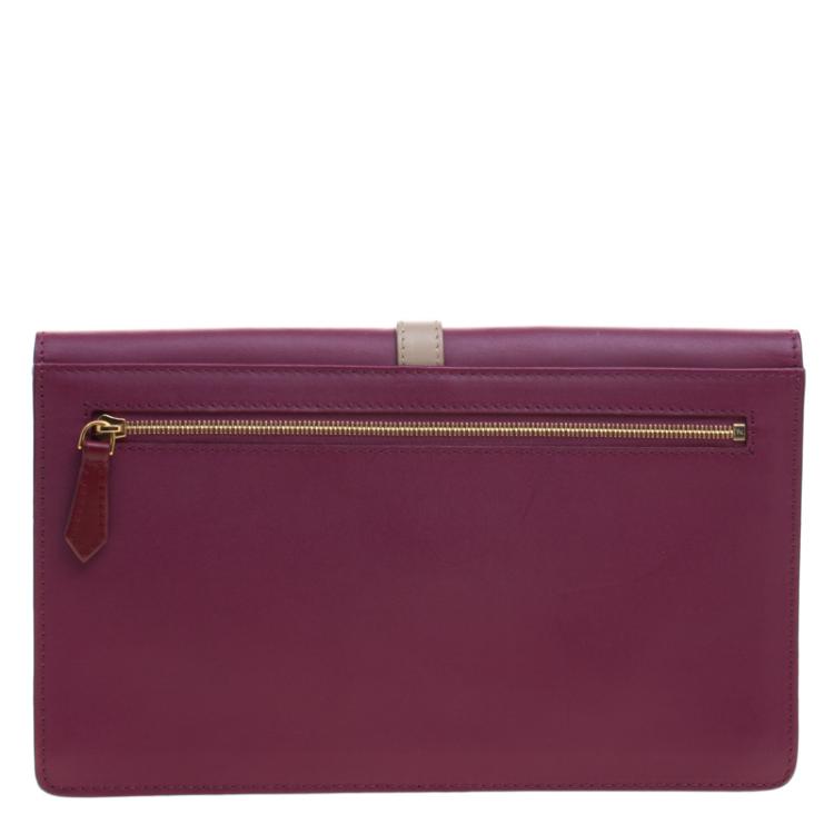 Pre Owned Fendi Magenta Leather and Pequin Canvas Envelope Clutch