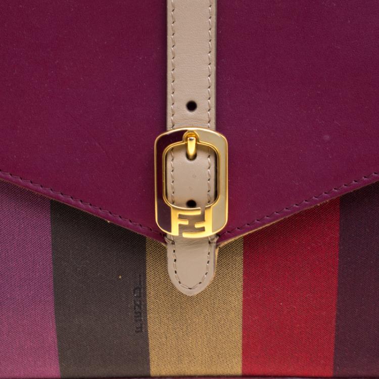 Pre Owned Fendi Magenta Leather and Pequin Canvas Envelope Clutch