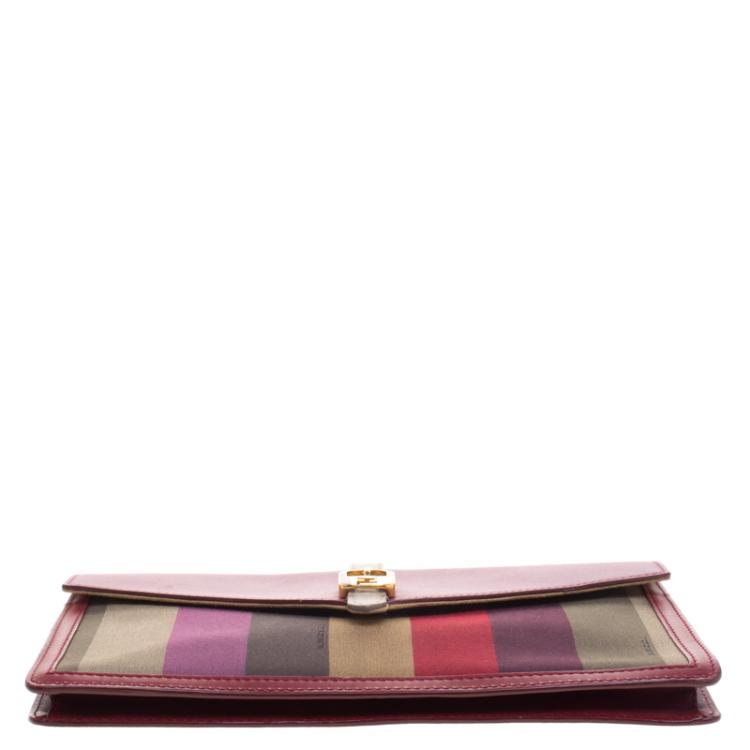 Pre Owned Fendi Magenta Leather and Pequin Canvas Envelope Clutch