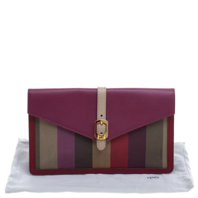 Pre Owned Fendi Magenta Leather and Pequin Canvas Envelope Clutch