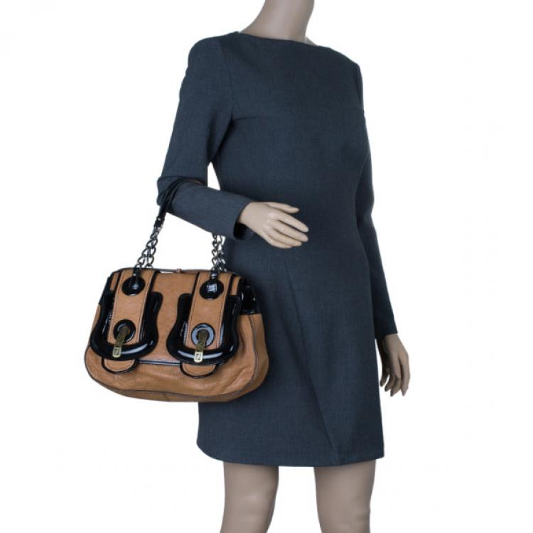 Pre Owned Fendi Brown Leather Patent Trim B Bag