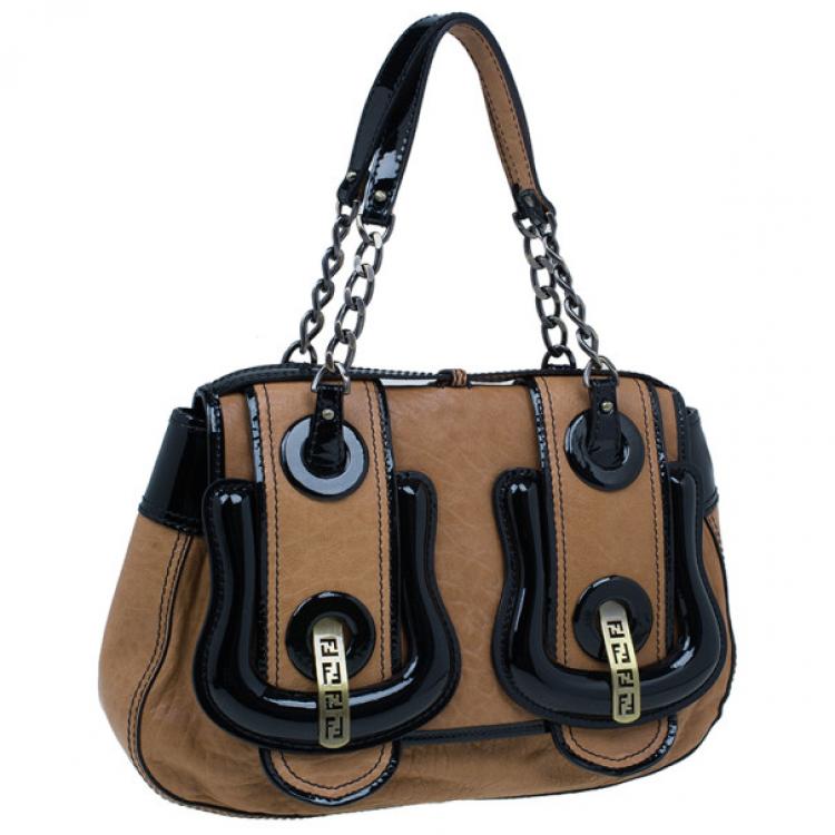 Pre Owned Fendi Brown Leather Patent Trim B Bag