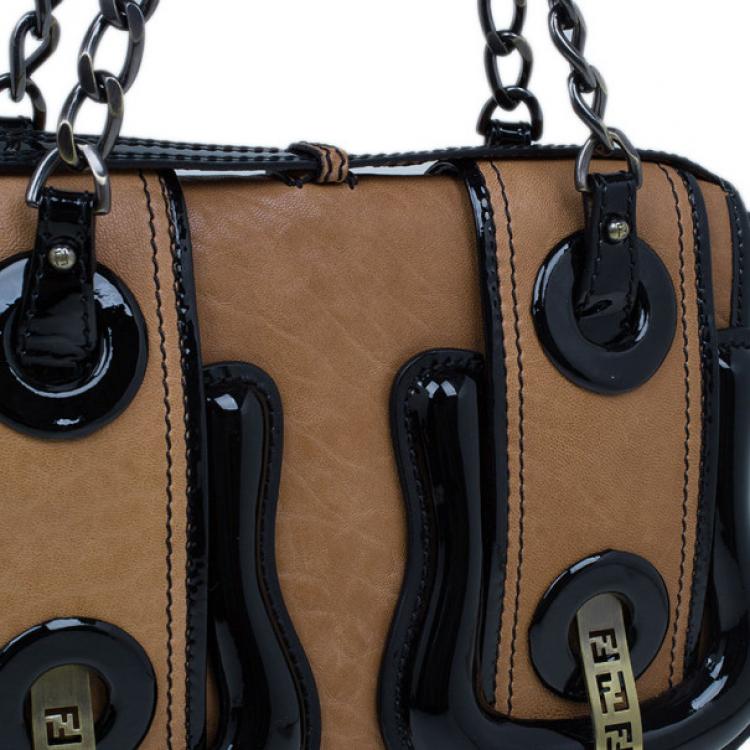 Pre Owned Fendi Brown Leather Patent Trim B Bag