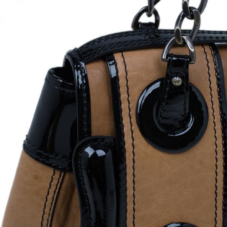 Pre Owned Fendi Brown Leather Patent Trim B Bag